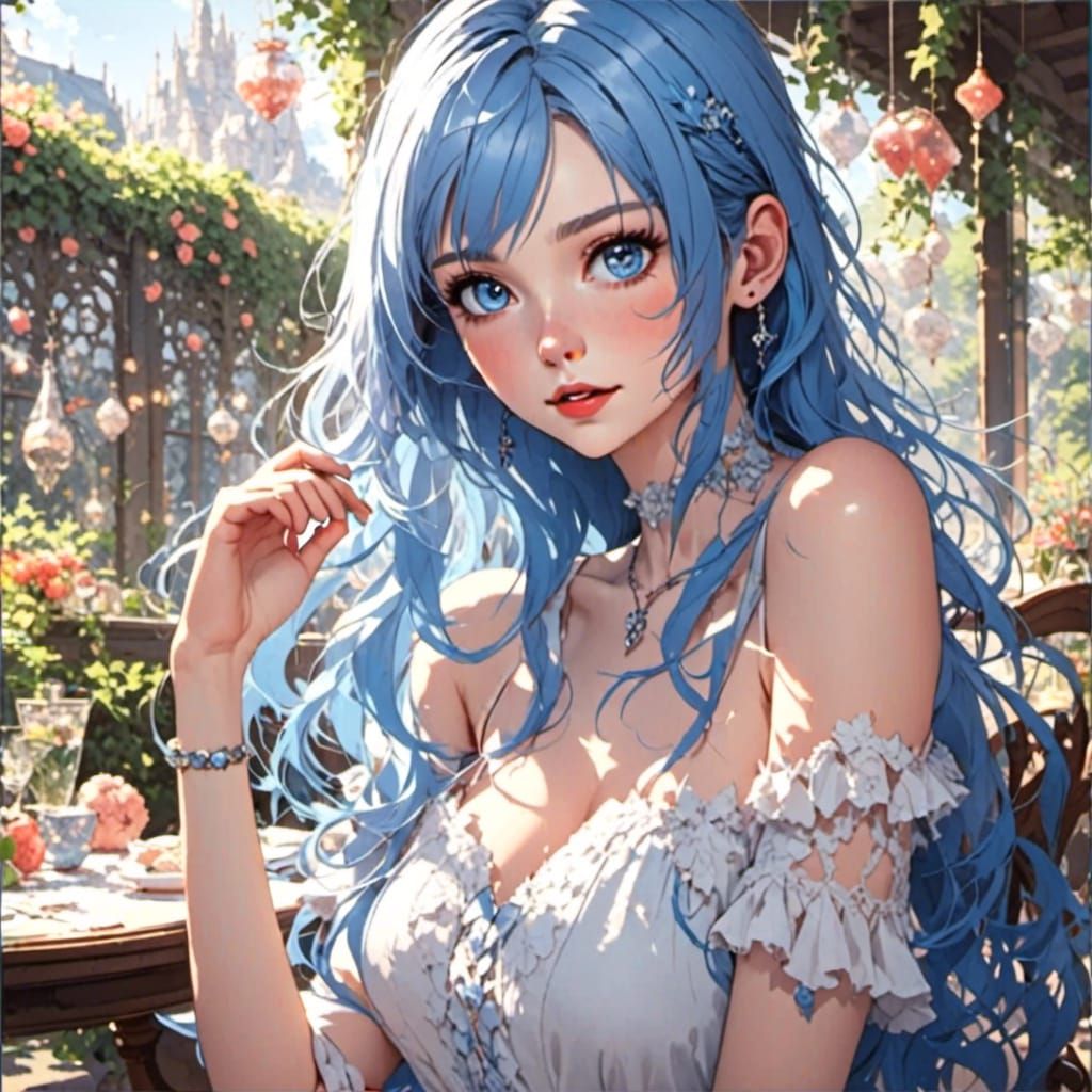 Anime Girlfriend in 2.5D Illustration with Blue Hair