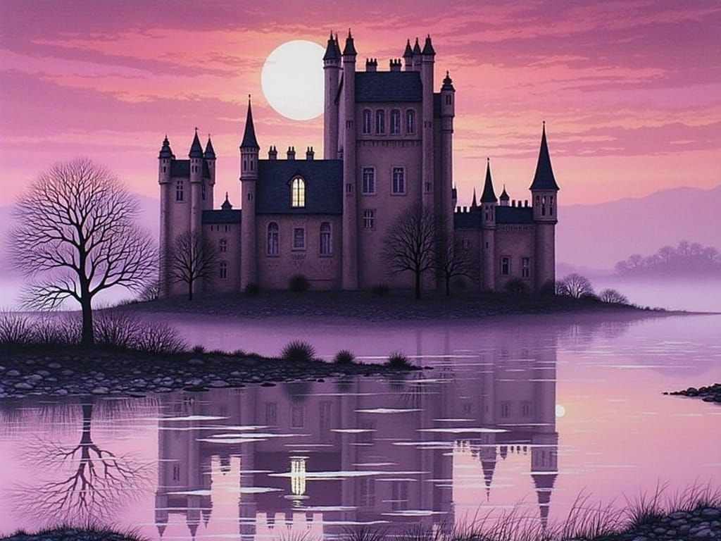 Ethereal Castle Ruin Emerges from Morning Mist in Vibrant Co...