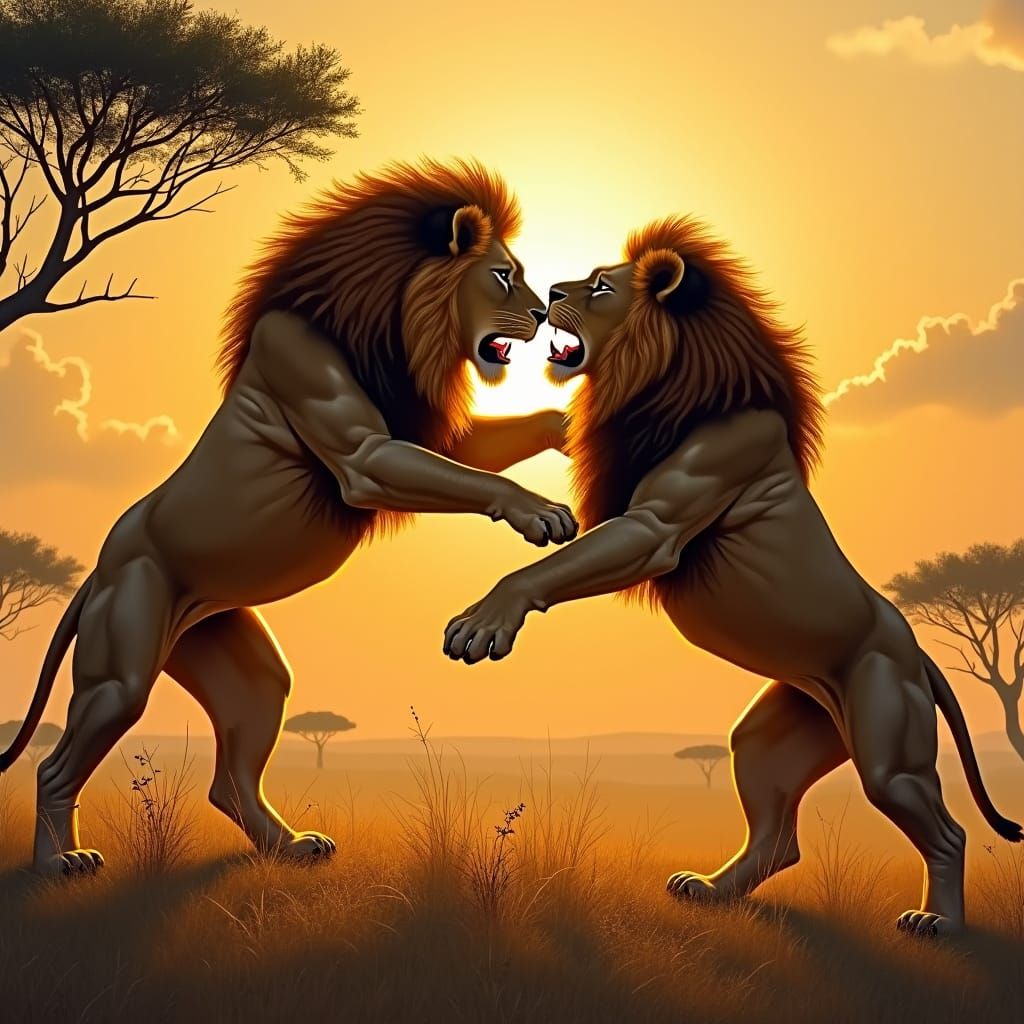 Lions Clash in Savannah: Dramatic Wildlife Art