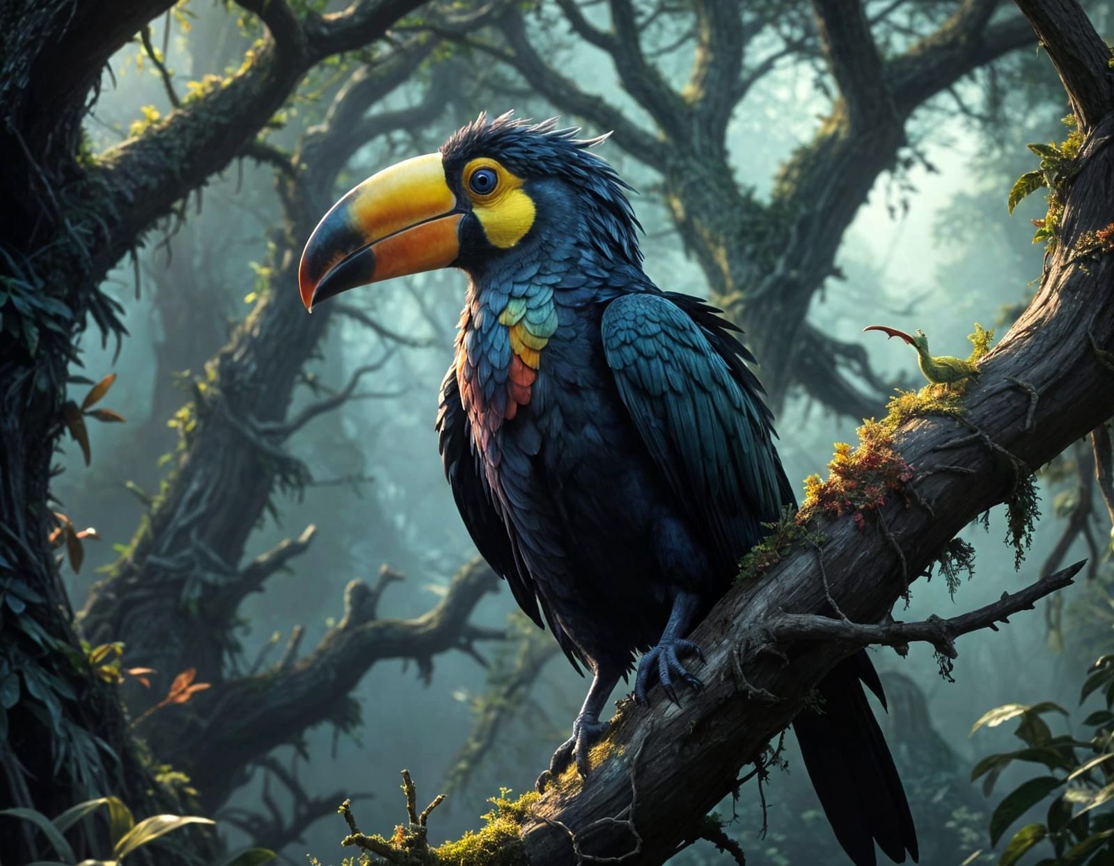 Vibrant Gothic Dragon-Bird Perched on Eerie Oak