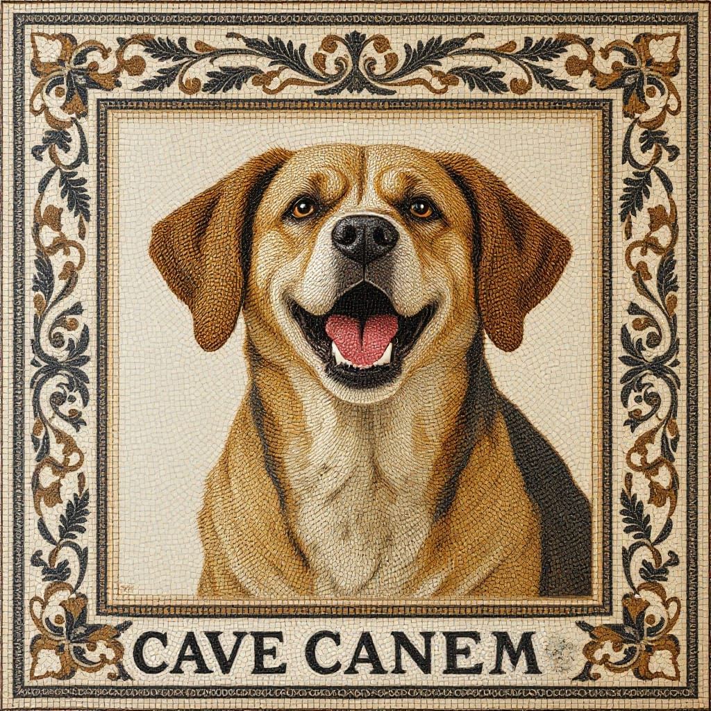 Ancient Roman Mosaic with Joyful Dog in Elegant Style
