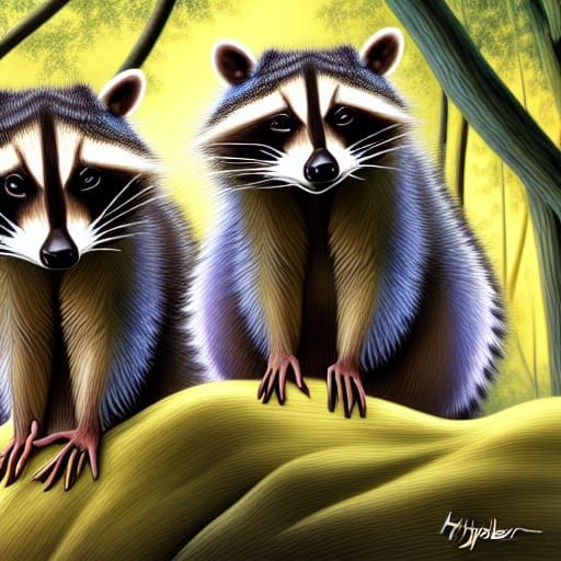 Entangled Raccoons Portrait in Hyperrealist Style