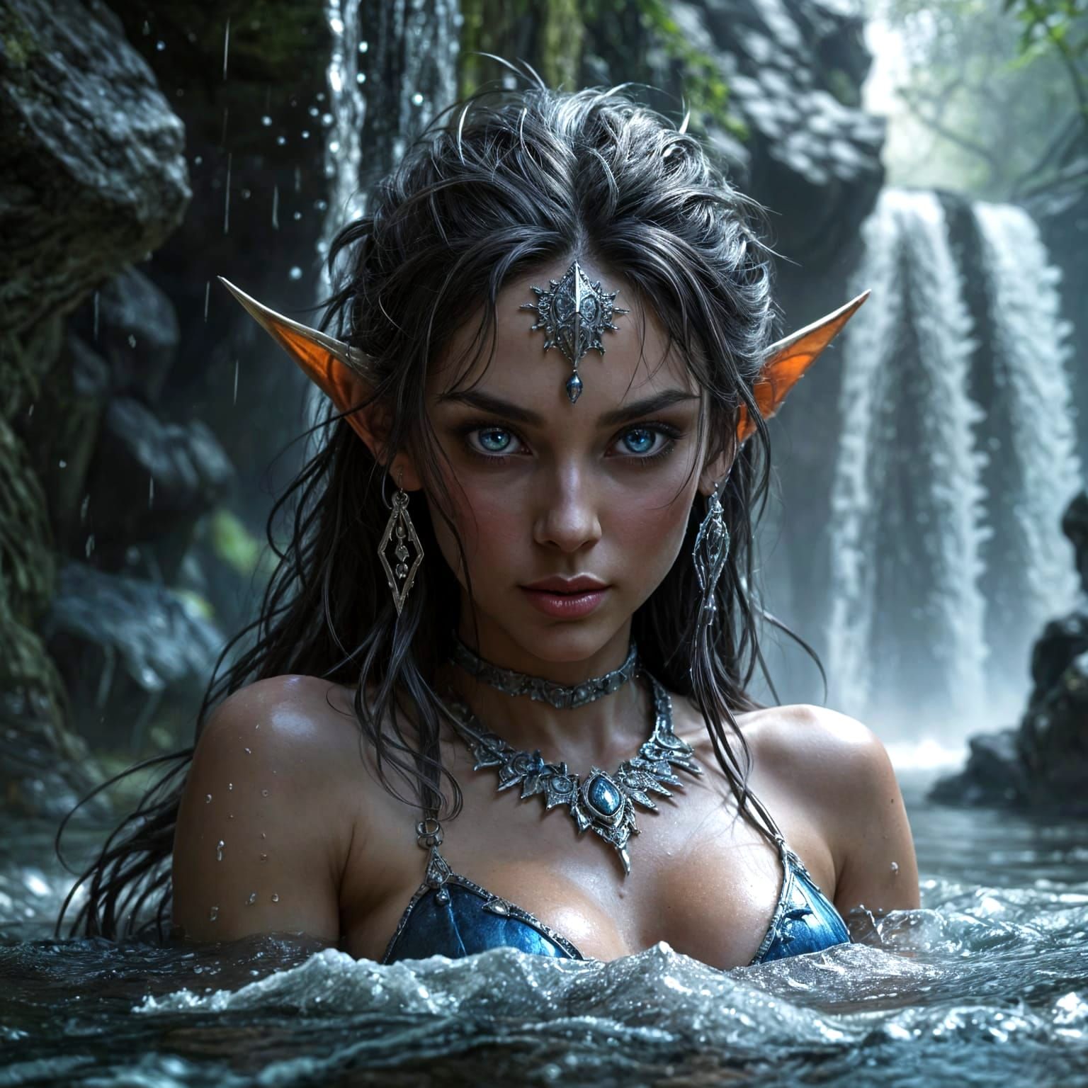 Dark Elf Goddess Bathing in Waterfall, Hyper Realistic Style