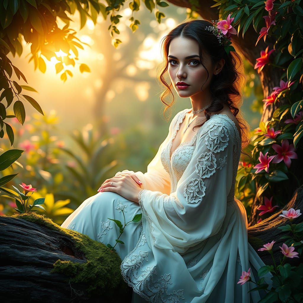 Garden Goddess in Elegant White Gown