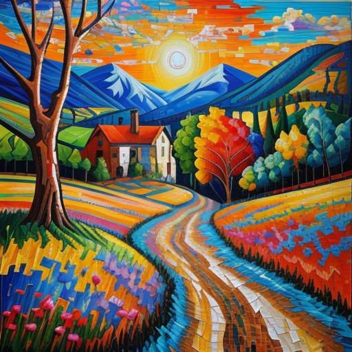 Colorful Mosaic Landscape in Post-Impressionist Style