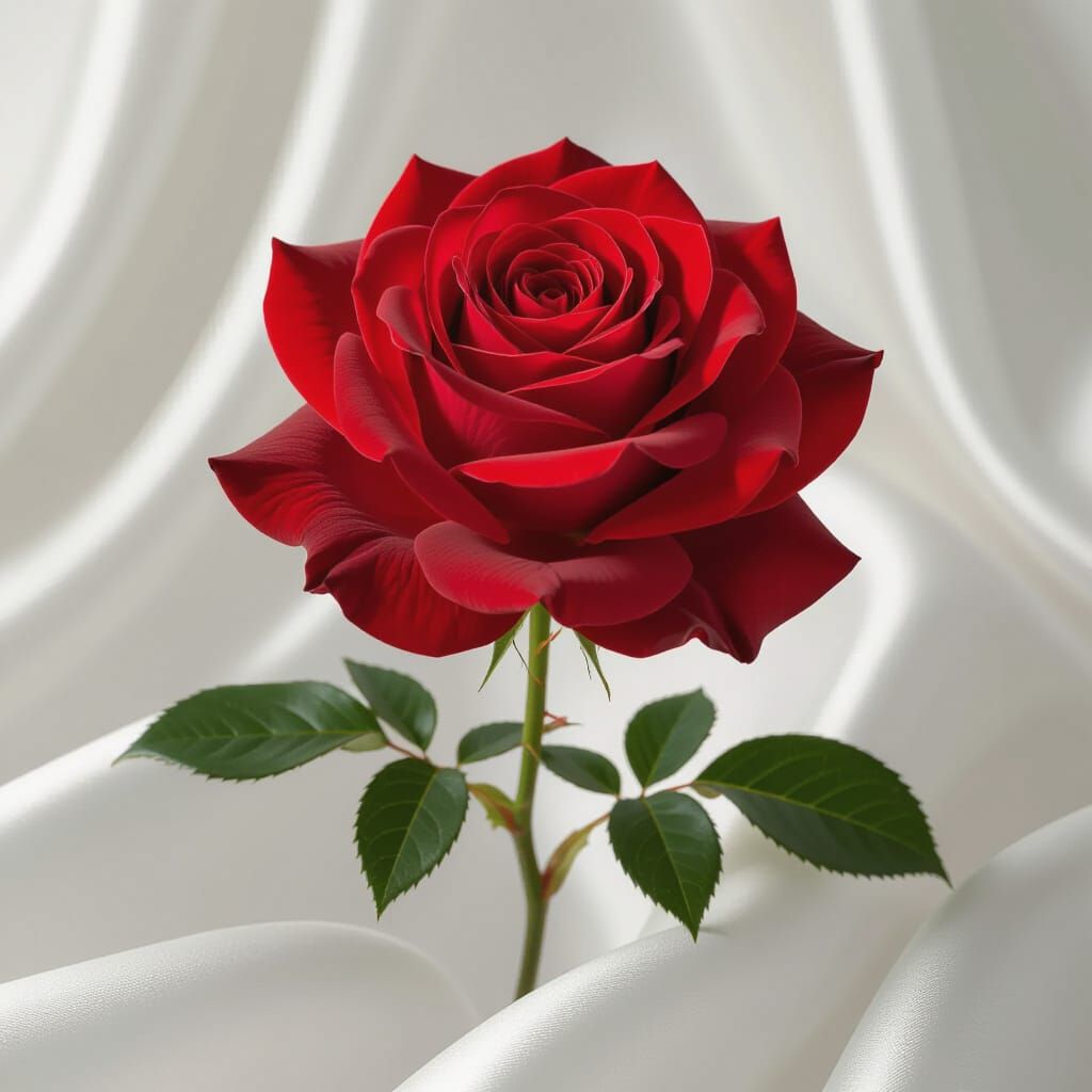Photorealistic Red Rose on White Satin