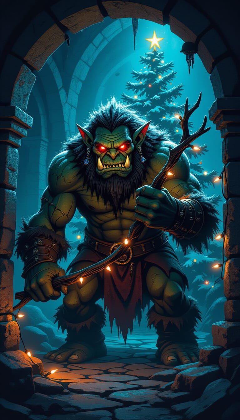Dark Fantasy Troll Illuminates Crypt with Christmas Lights