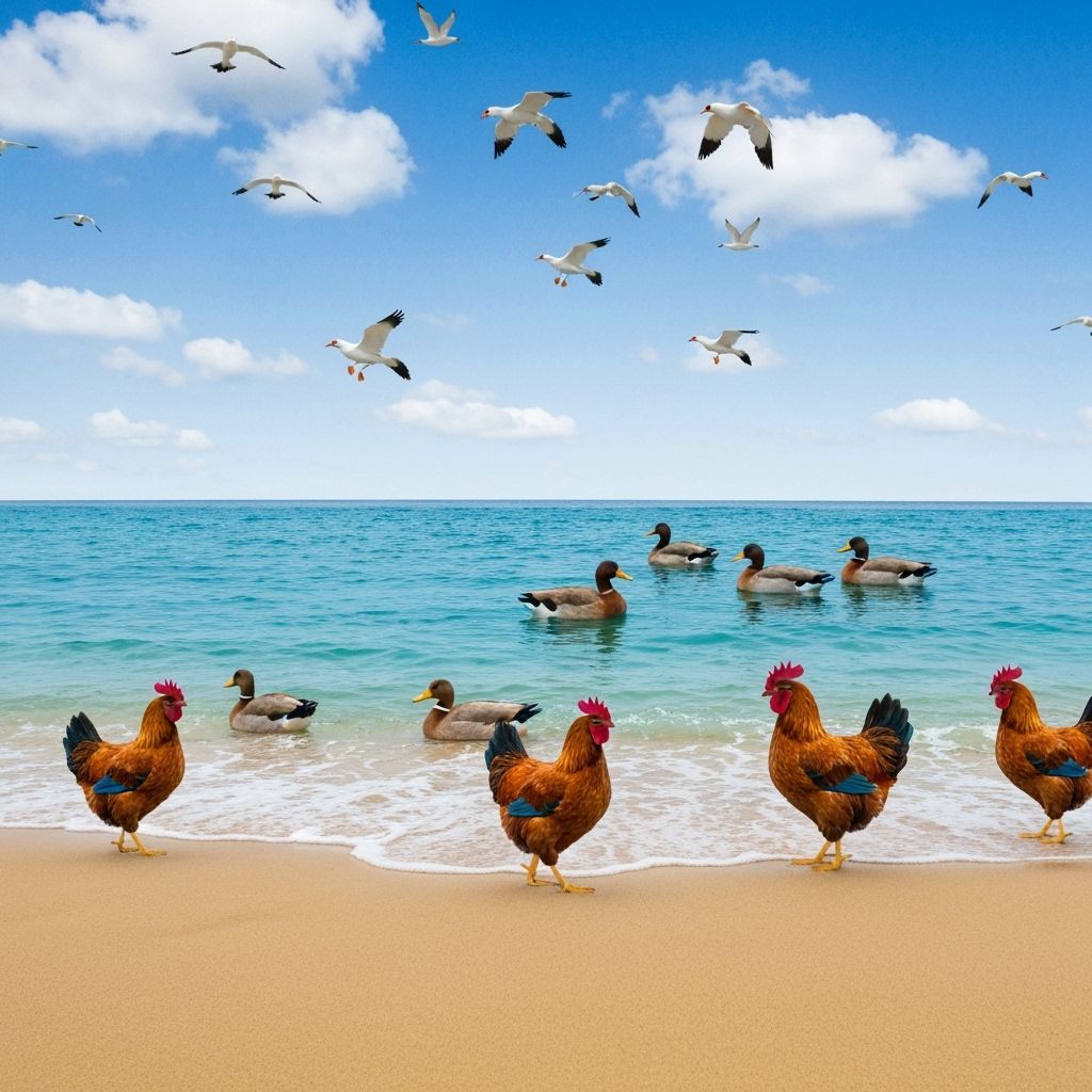 Whimsical Wildlife Scene with Fish, Ducks, Chickens, and Bir...