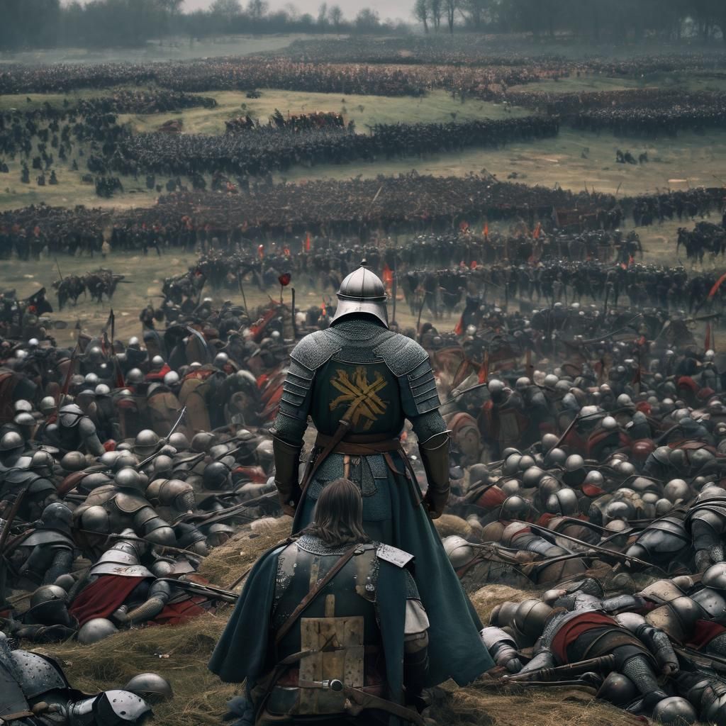 Medieval King Overlooks Fallen Battlefield
