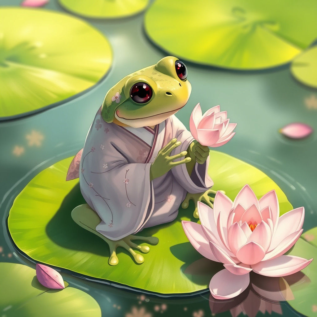 Frog in Kimono with Sakura Flower, Anime Style