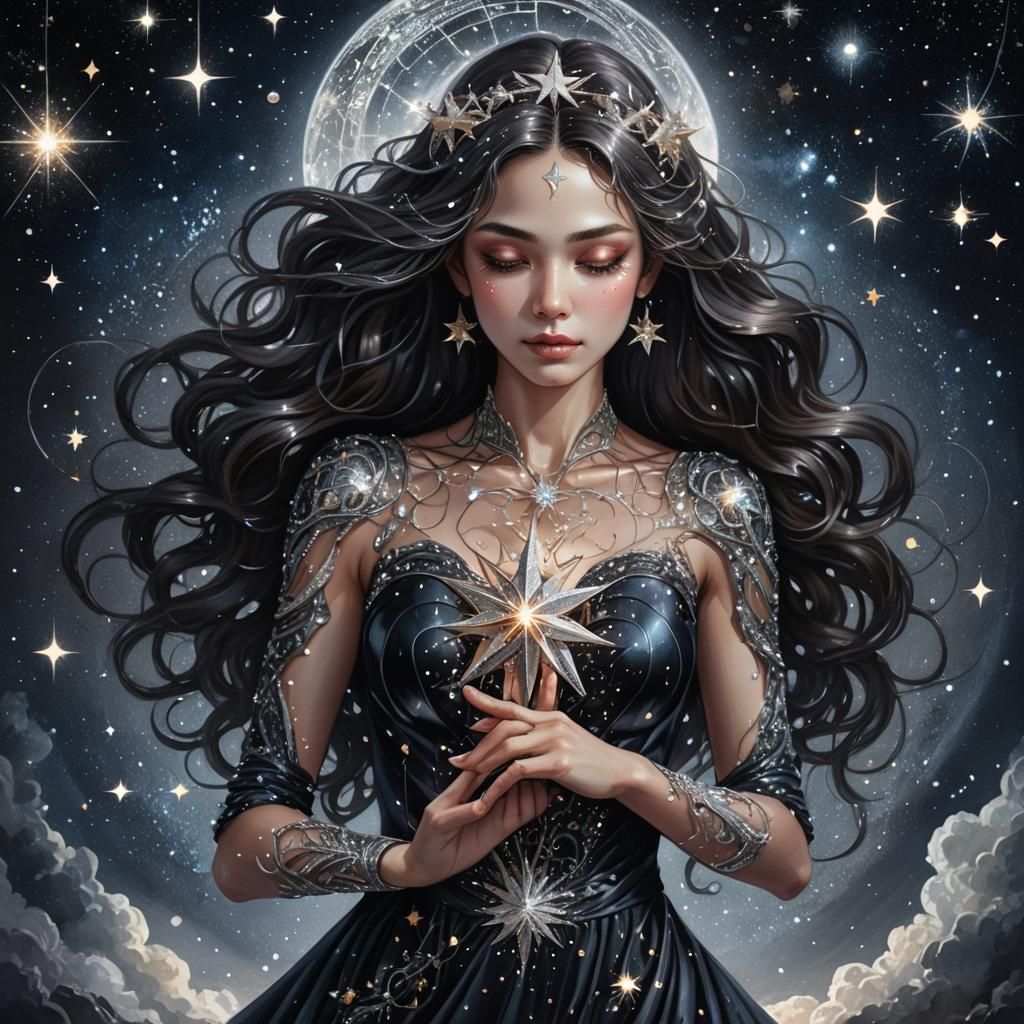 Goddess Holding Star in Night Sky: Fantasy Art