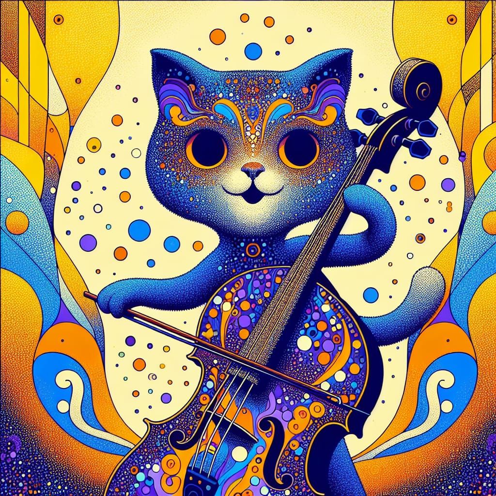 Abstract Cat-Headed Humanoid Plays Cello