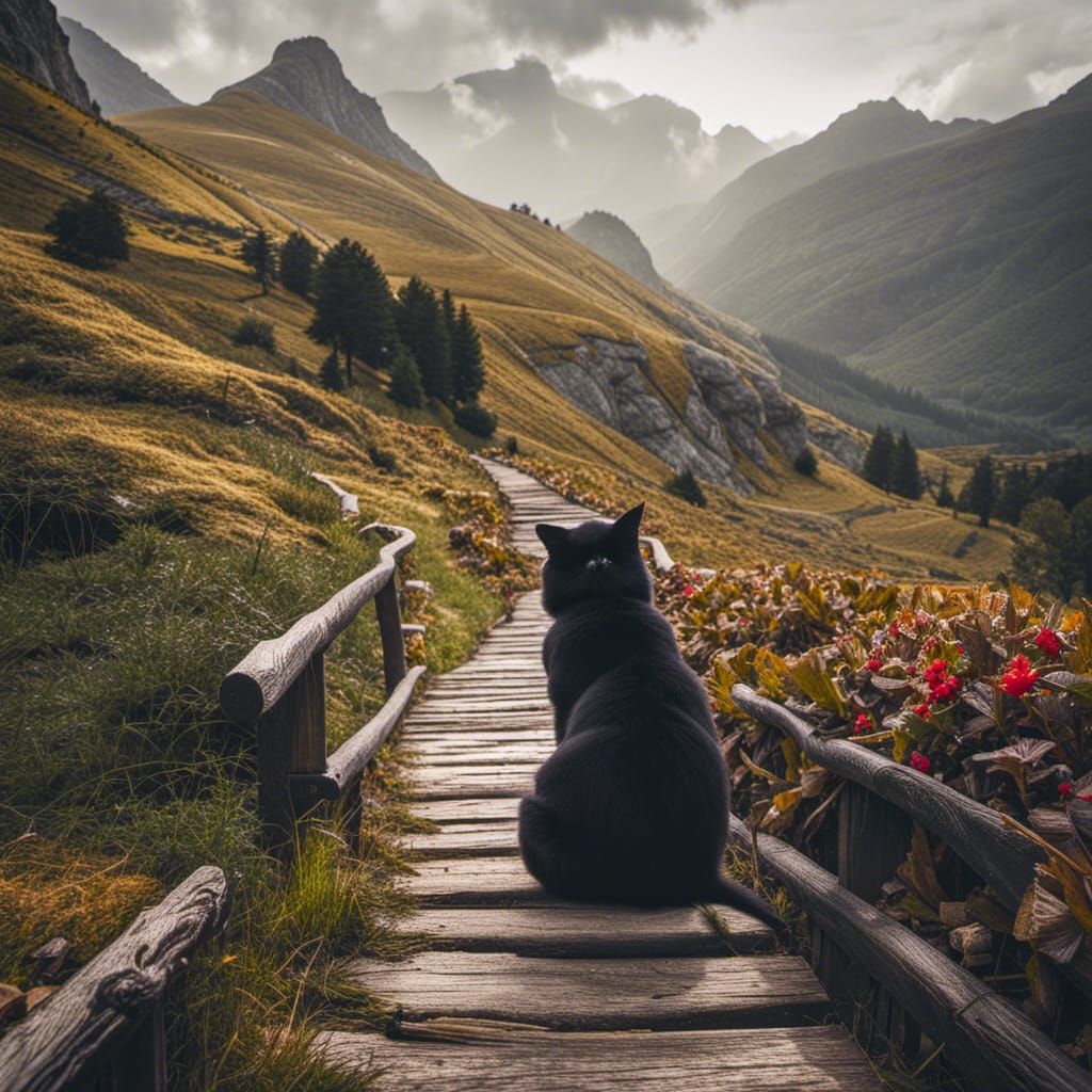 Anthropomorphic Black Cat's Mountain Adventure in HDR