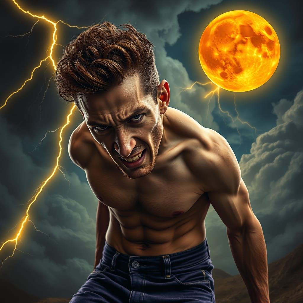 Angry Ginger Man in Stormy Hyperrealistic Landscape