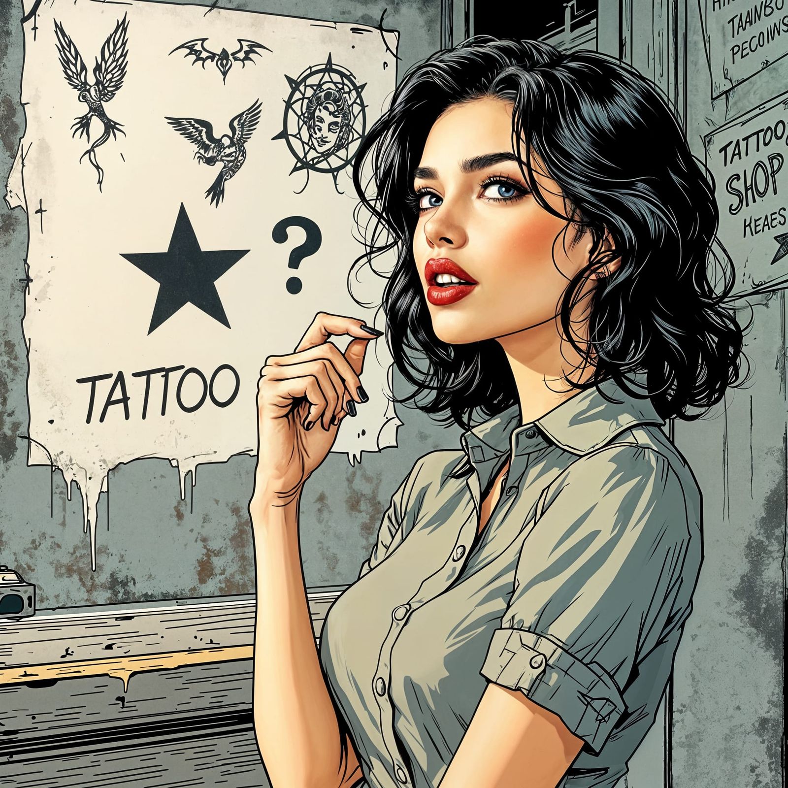 Woman Wonders Before Tattoo Shop, in Comic Style