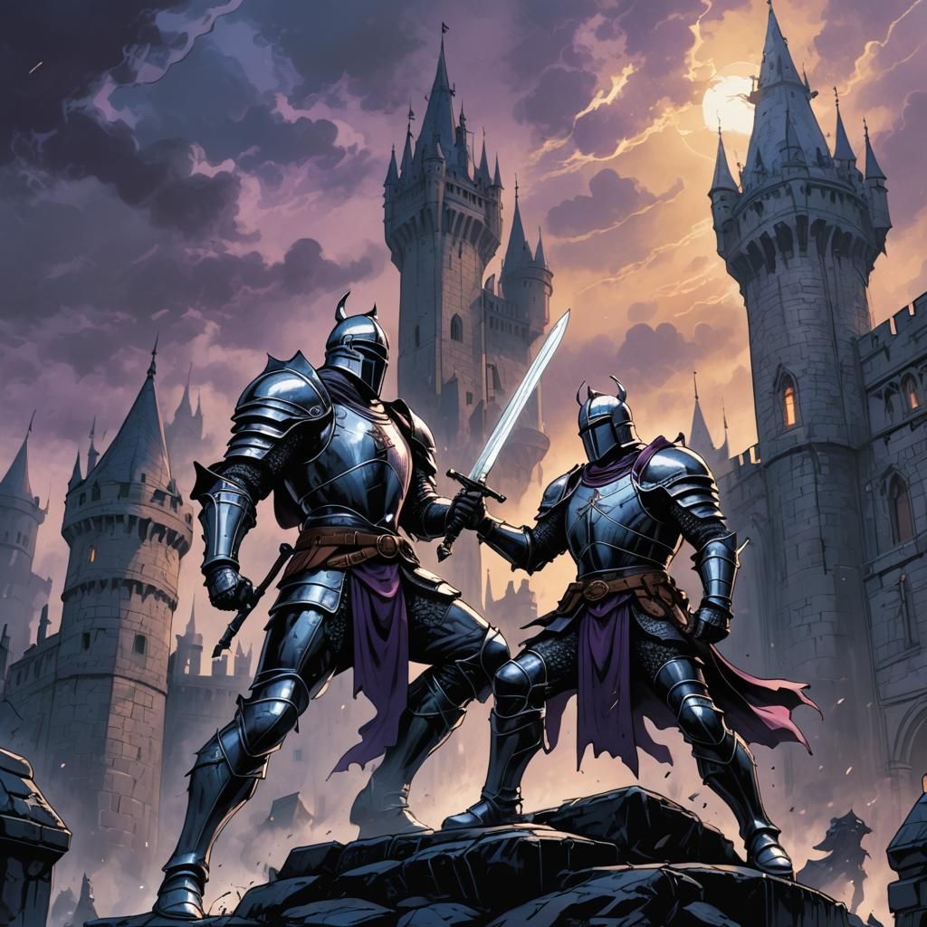 Knight Offering Sword in Dark Castle Courtyard