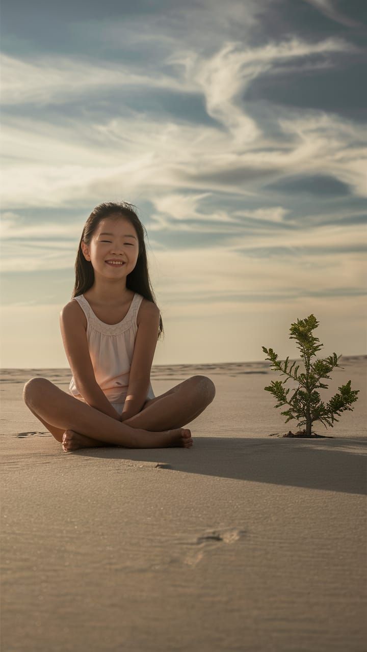 Girl Meditating on Beach at Sunset