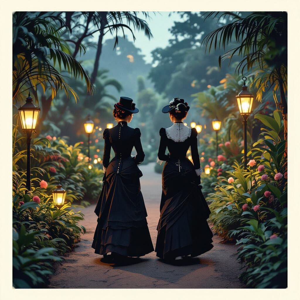 Victorian Tea Garden with Lanterns in 1880s Style