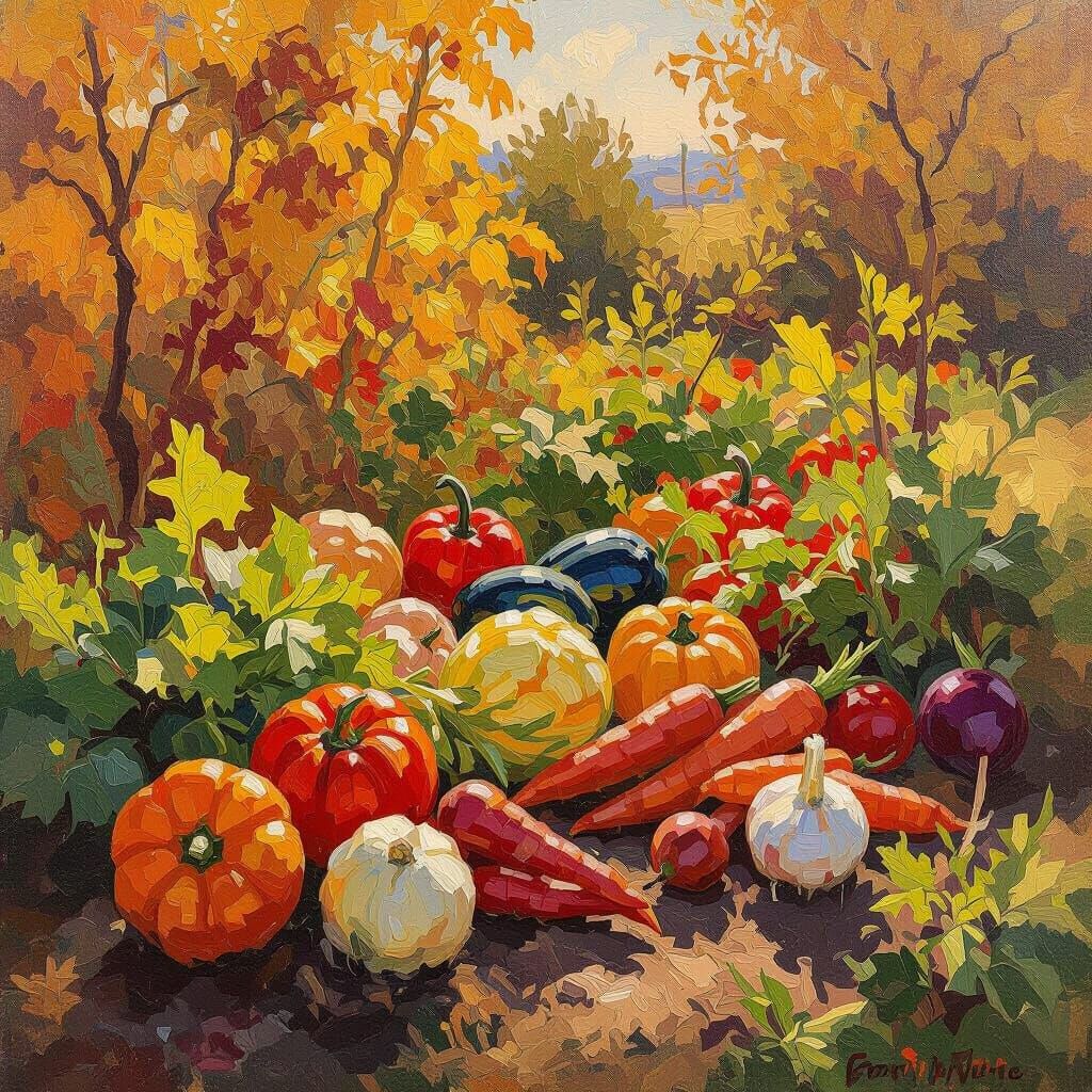 Abundant Autumn Harvest Garden in Golden Hour