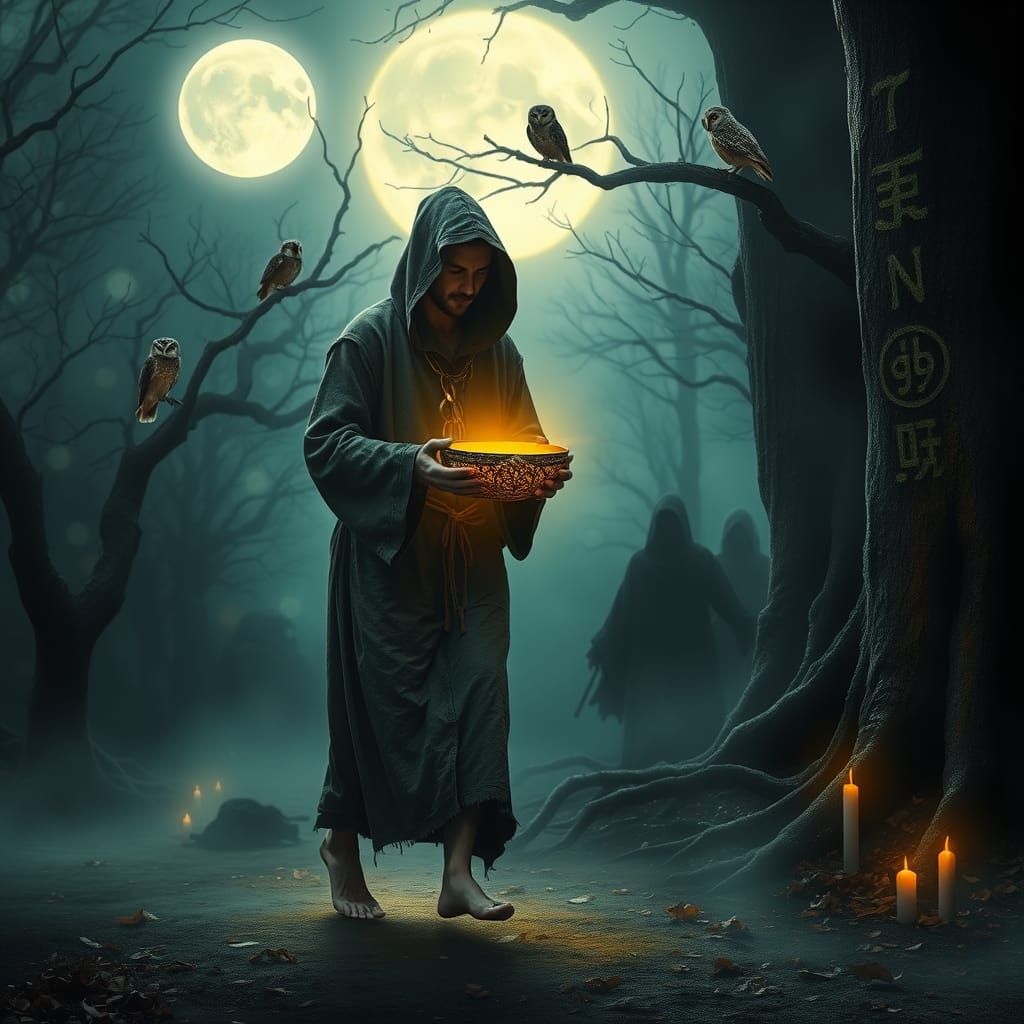 Vaidila Initiate in Moonlit Forest: A Baltic Mythology Scene