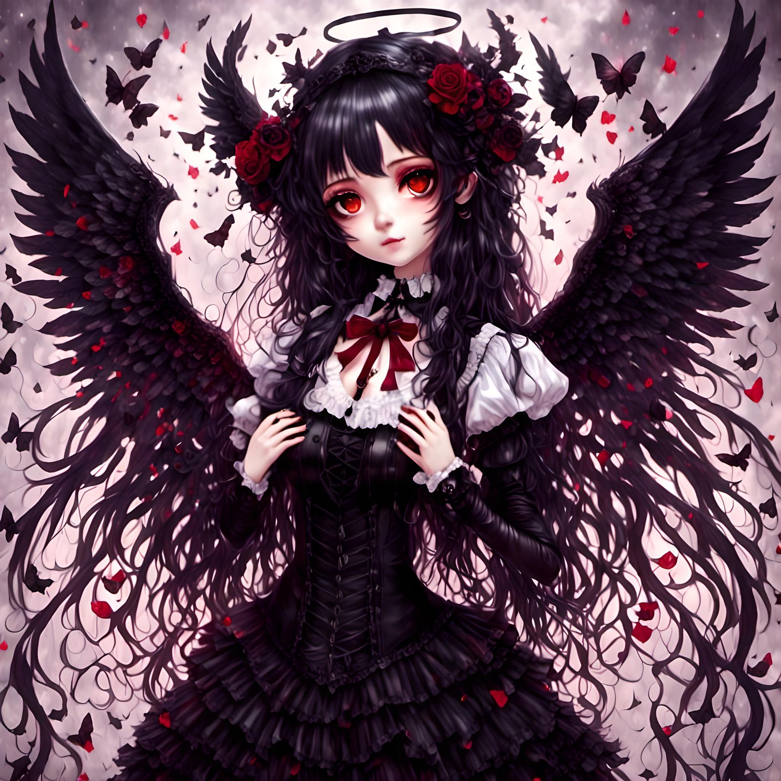 Dark Angel in Black Seifuku with Fiery Halo