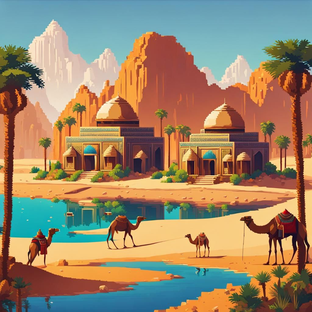 Luxurious Desert Oasis in Pixel Art Style