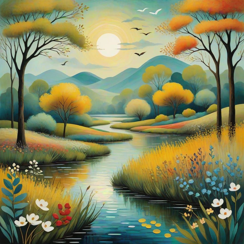 Surreal Watercolor Landscape in Whimsical Folk Art Style