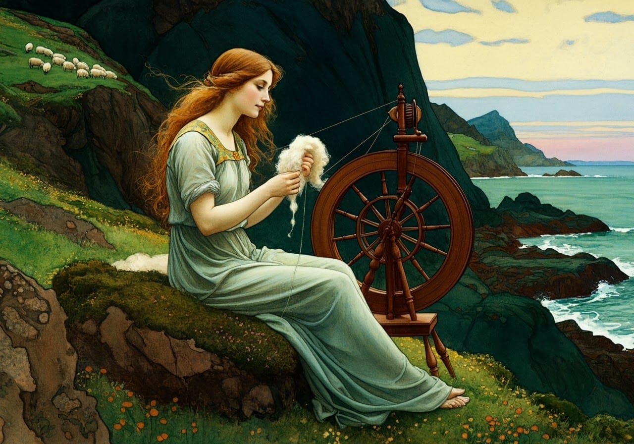 Woman Spins Wool on Sea Coast with Sheep, in Arthur Rackham ...