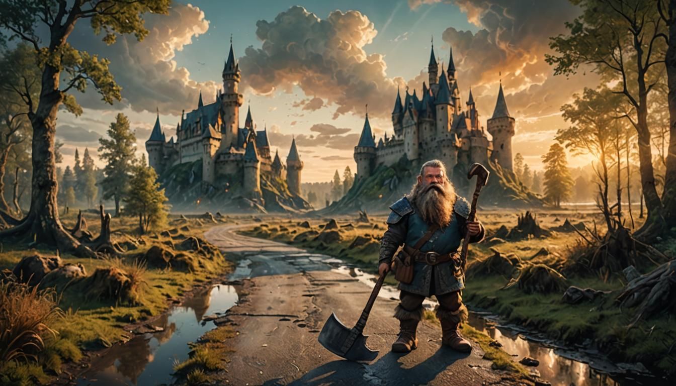 Dwarf Guardian in Swamp with Castle: Fantasy Art