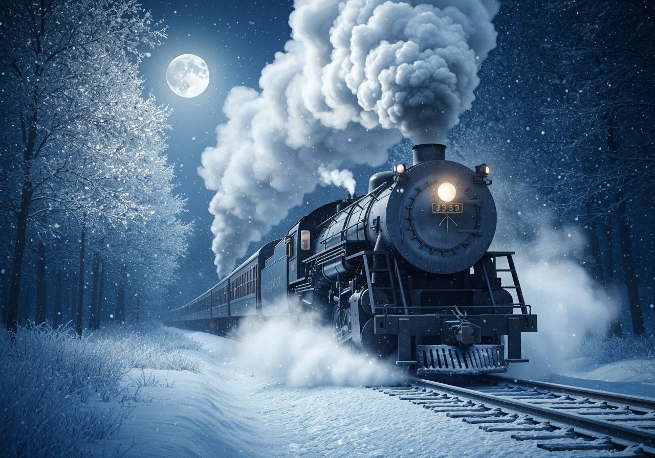 Vintage Steam Train in Moonlit Snow Forest