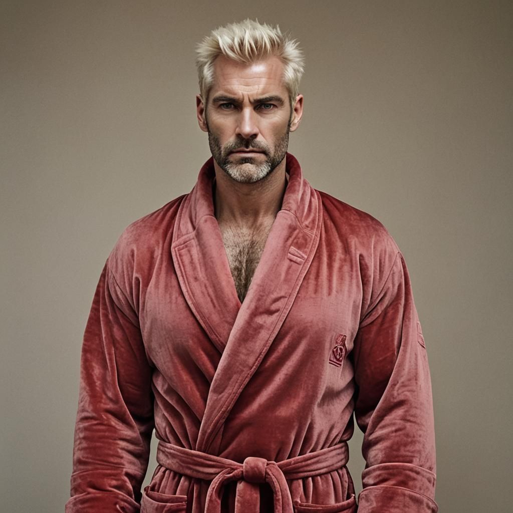 Masculine Blond Man in Red Velvet Bathrobe