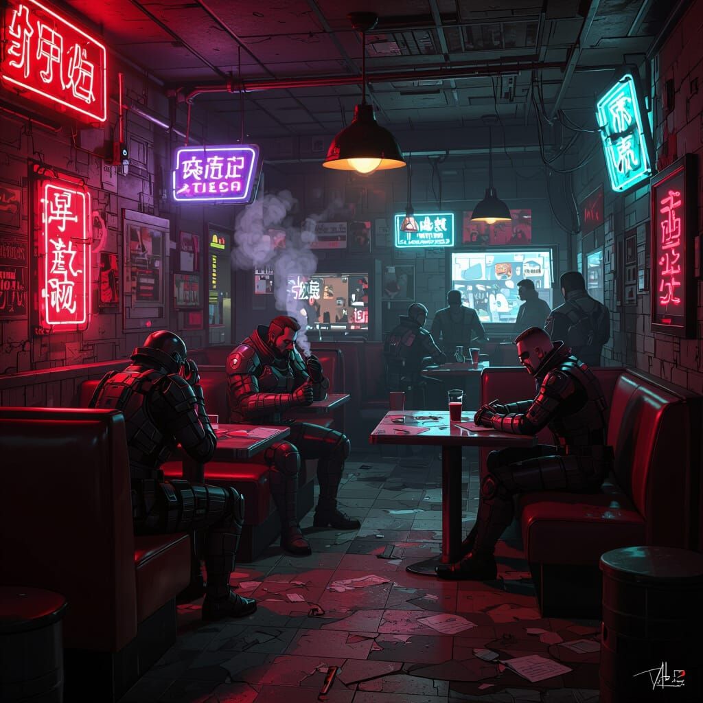 Grimy Cyberpunk Barroom with Neon Glow and Noir Atmosphere