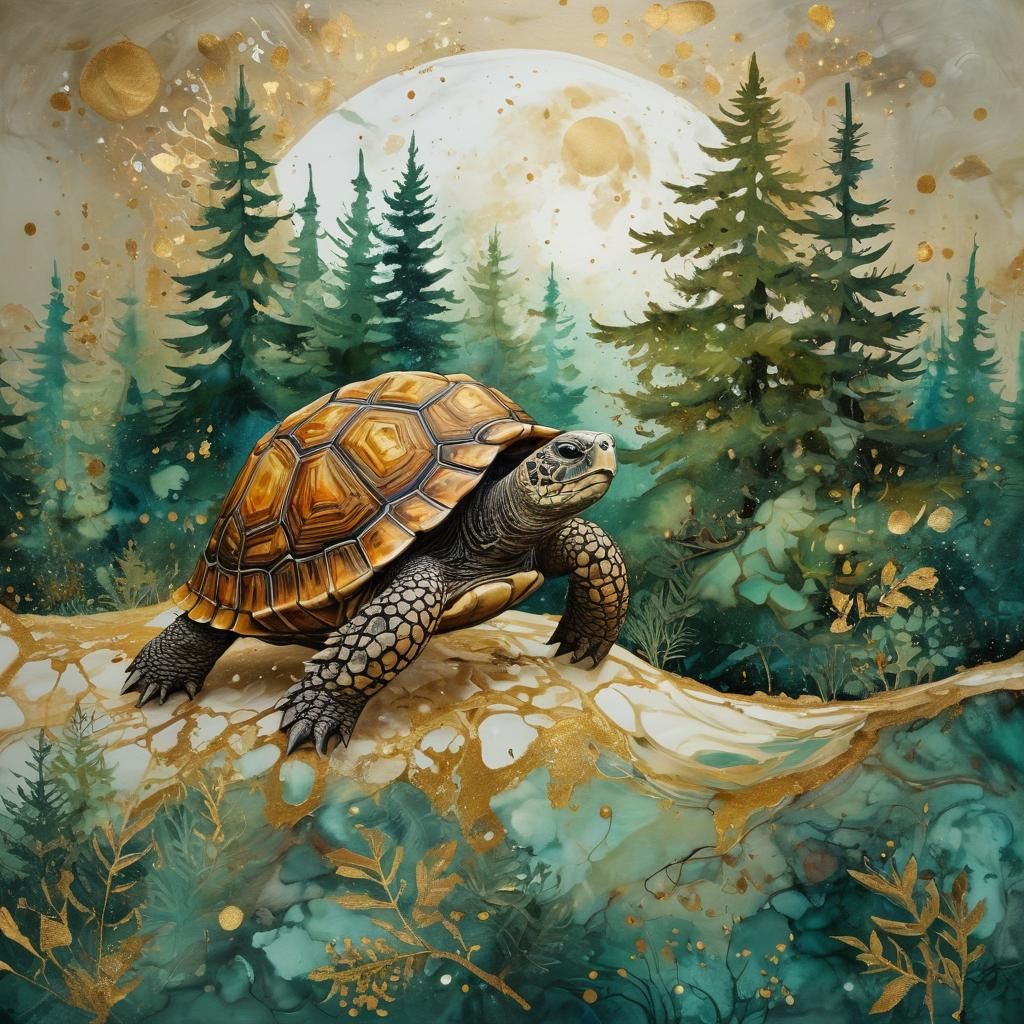 Tortoise with Forest Shell, Alcohol Ink Splatter Art