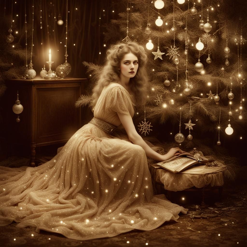 Vintage Sepia Photograph: Vacuum Under Christmas Tree