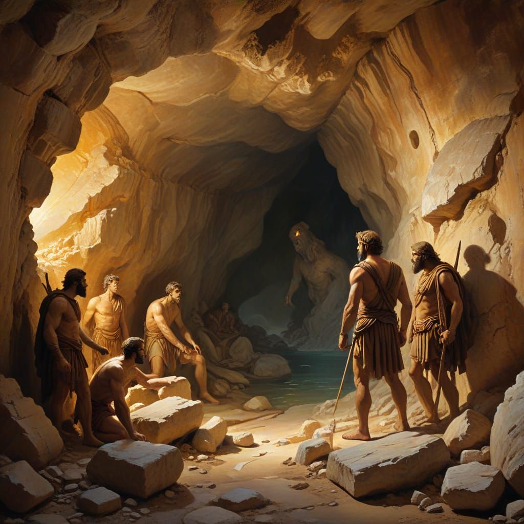 Cyclops Encounter in Ancient Greek Art Style