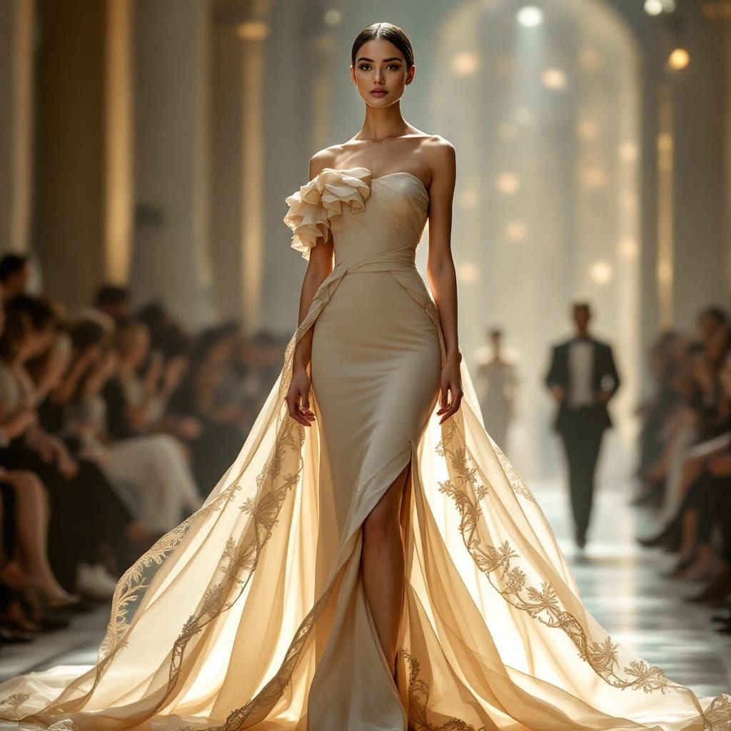 Hyper-Realistic Fashion Model in Stunning Beige Evening Gown