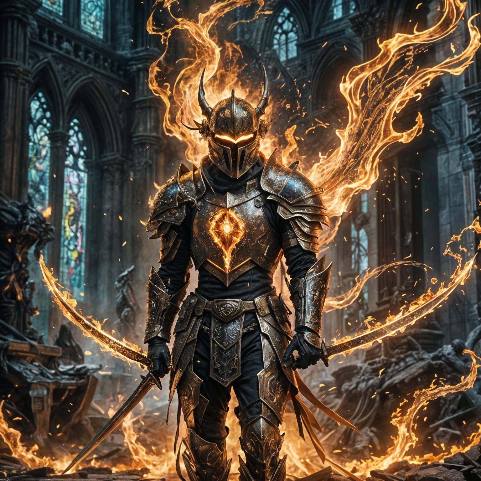 Fiery Knight with Sword in Gothic Art Style