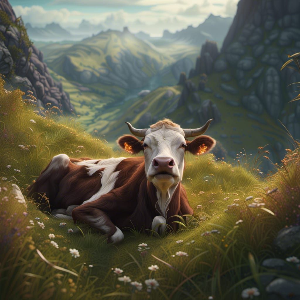 Cow in Mountain Meadow: Fantasy Concept Art