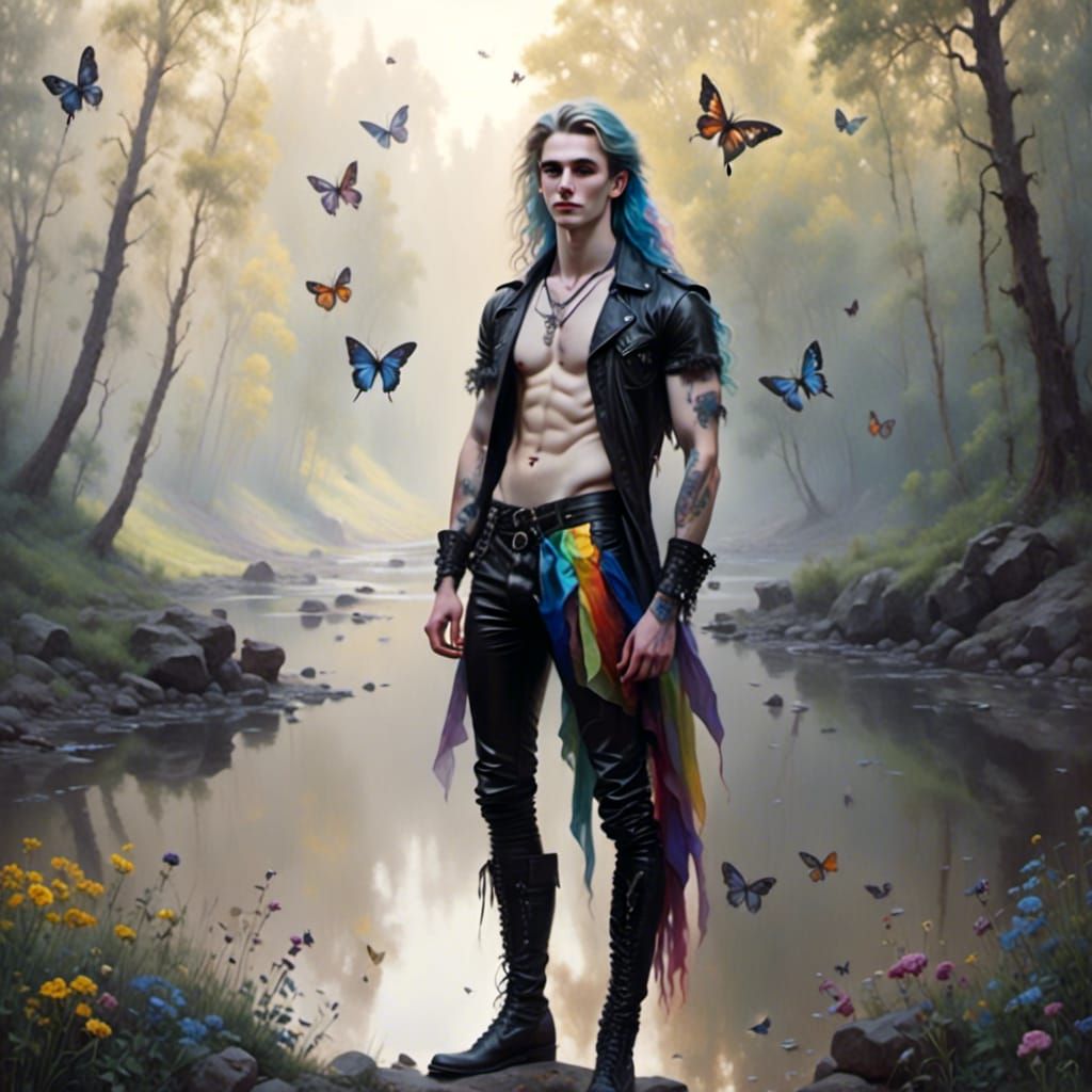 Rainbow-Haired Man in Forest with Butterflies