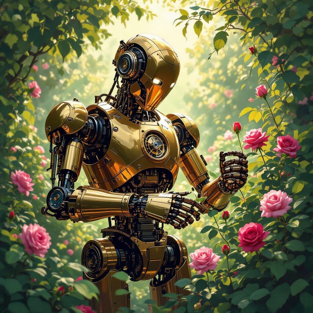 Brass Robot Gardener in Overgrown Garden