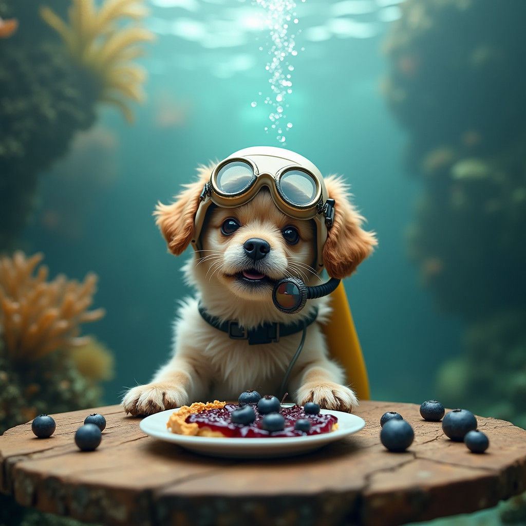 Dog Underwater Enjoying Pie: Dreamlike Fine Art