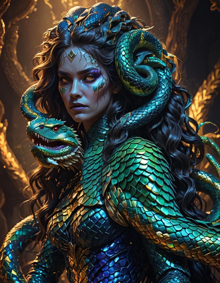 Iridescent Snake Queen in Fantasy Lair