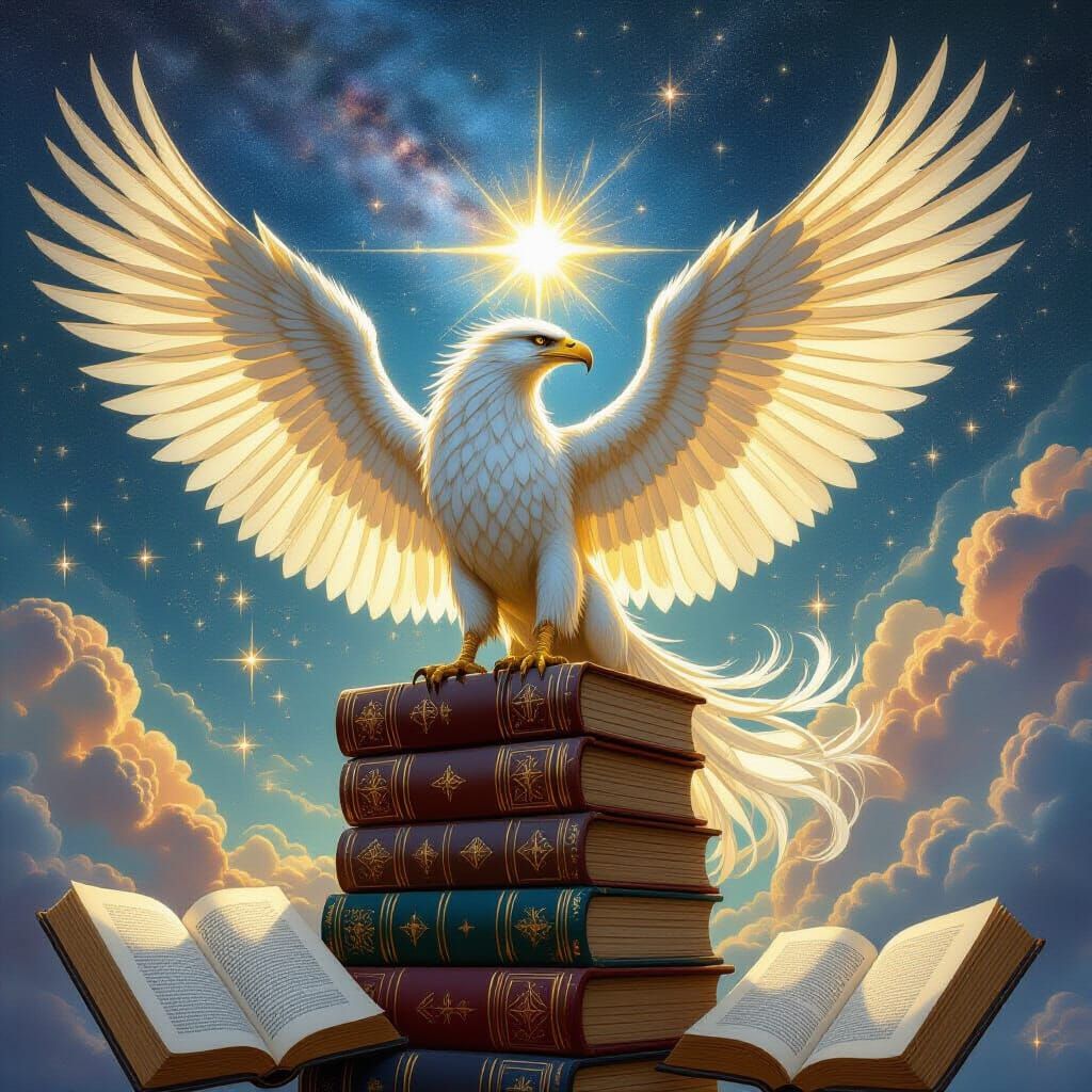 Griffin Perched on Books Amidst Swirling Galaxies