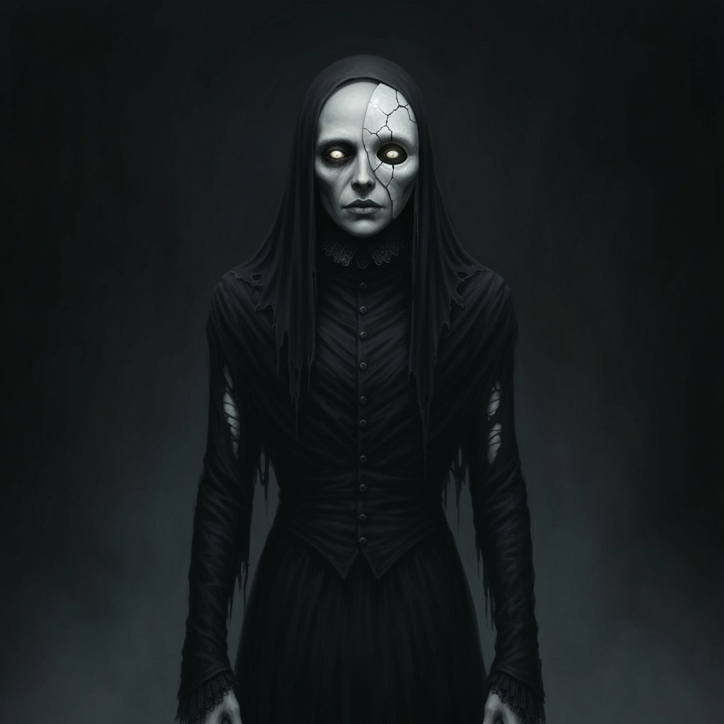 Haunting Victorian Figure with Cracked Mask in Dark Shadows