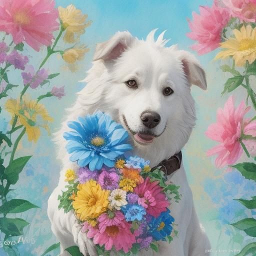 Dog with Flowers in Whimsical Impressionist Street Art