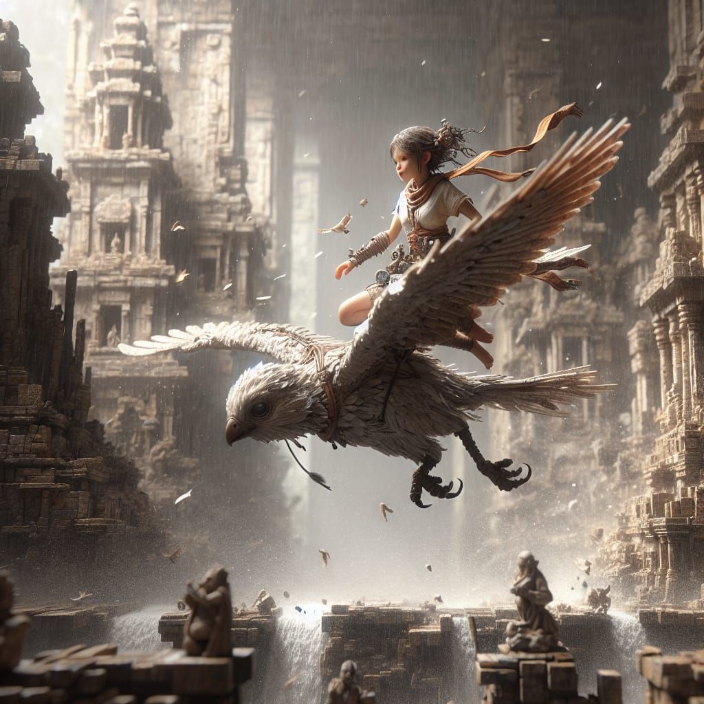 Miniature Warrior Soaring Through Ancient Ruins