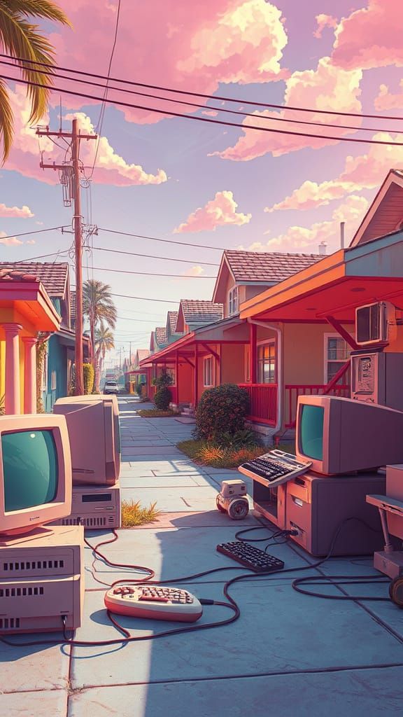 Retro-Futuristic Suburban Scene with Analog and Digital Elem...