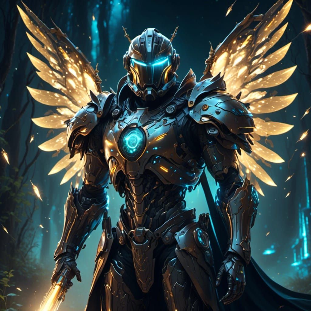 Cyberpunk Paladin Aglow with Fireflies