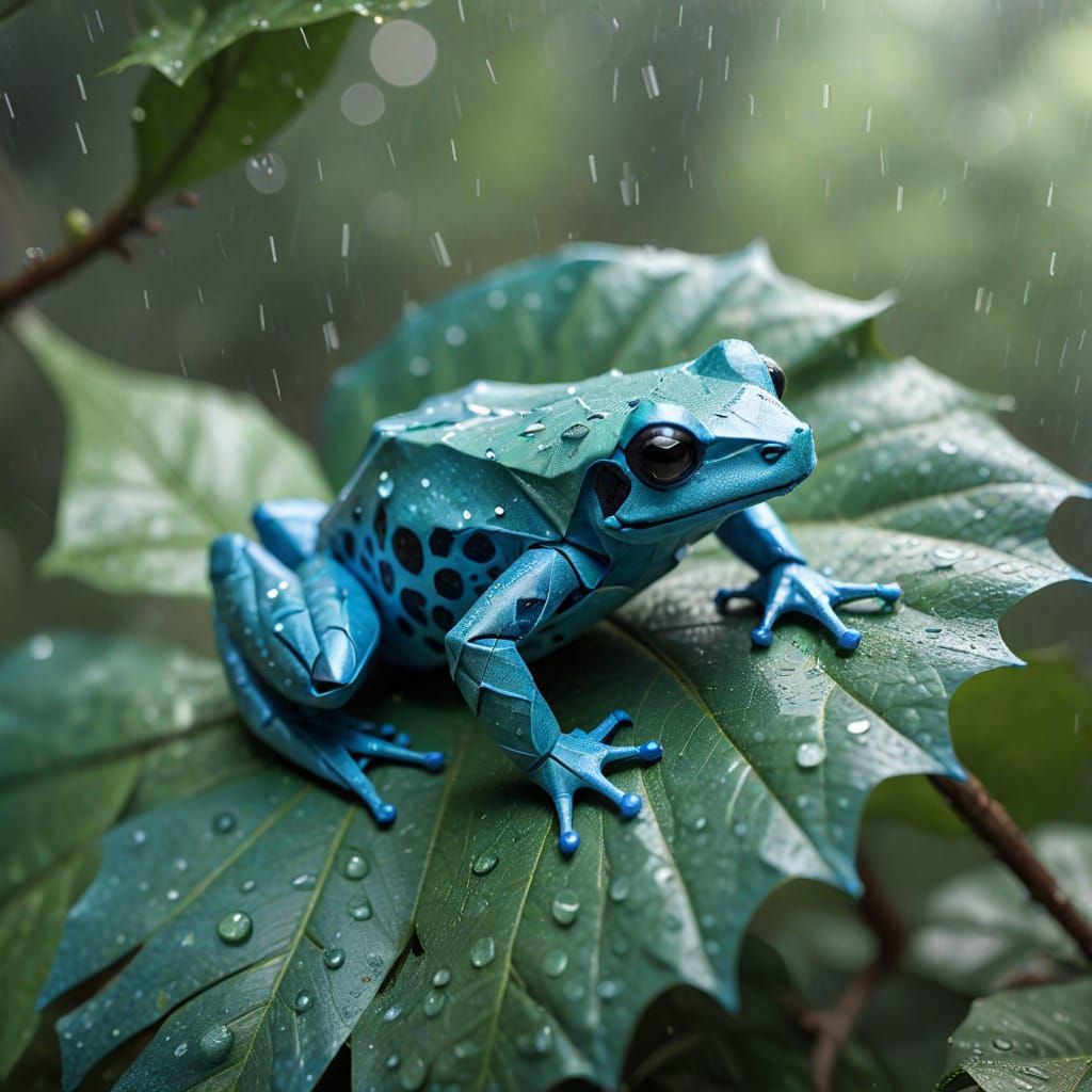 Paper Origami Frog in Rainy Delight