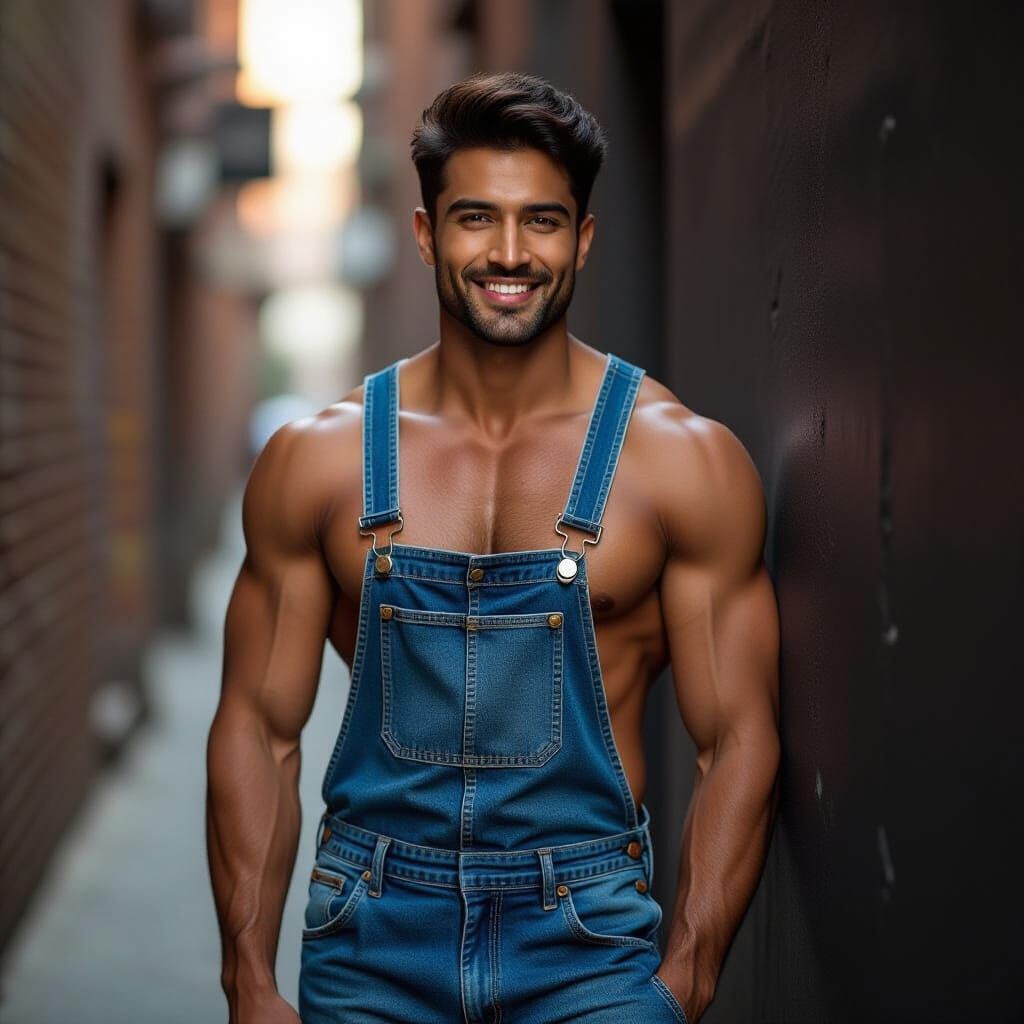 Muscular Indian Man in Denim Overalls, Photorealistic Portra...